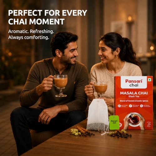 Image of Pansari Masala Chai - 25 Premium Tea Bags | Aromatic Blend of Black Tea & Indian Spices | Cinnamon, Cardamom, Clove & Ginger | Refreshing & Immunity-Boosting Spiced Tea