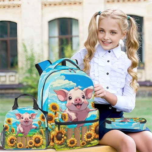 Backpack Set, 3 in 1 Pig School Backpacks Matching Combo with Lunch Box, Cute Pink Girls Bookbag and Pencil Pouch3