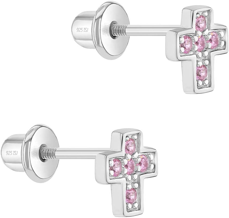 In Season Jewelry CZ Little Cross Stud Earrings - 925 Sterling Silver Earrings for Girls with Secure Screw Backs - Safe & Comfortable for Toddlers, Kids & Little Girls