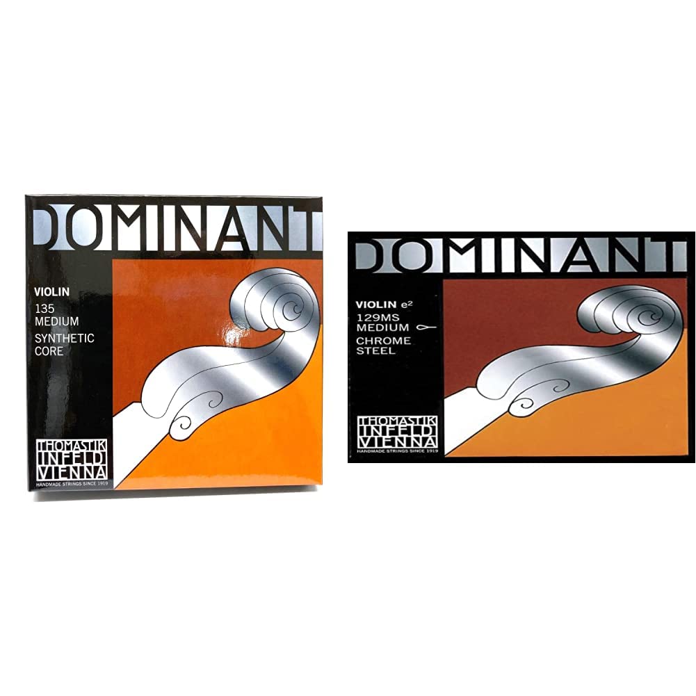 Thomastik Corde per Violino Dominant nucleo di nylon, set 4/4 medium, Mi in acciaio rivestimento alluminio & Corda per 4/4 violino Dominant corda Mi acciaio cromato vuoto, media, asola