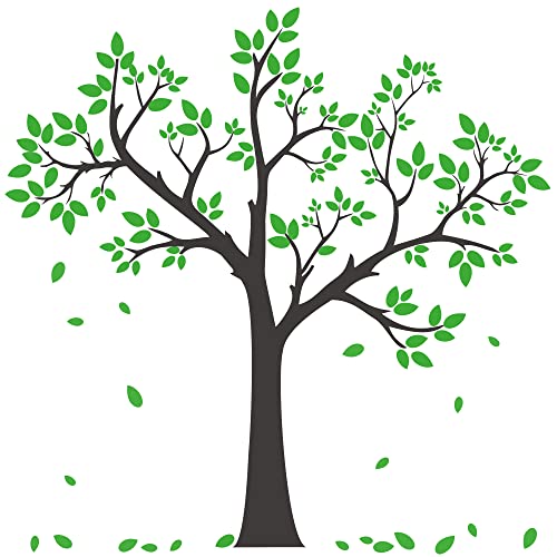 Image of Buiory Giant Tree Wall Decal Removable Falling Green Leaves Wall Sticker DIY Peel and Stick Art Decor Black Tree Wall Sticker for Baby Kids Girls Bedroom Classroom Nursery Walls Background Decorations