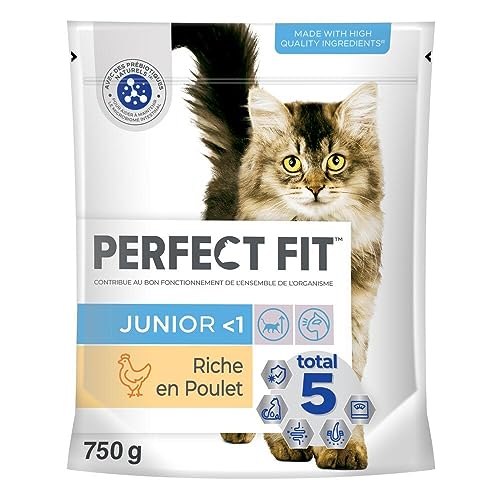 PERFECT FIT Junior < 1 Croquettes pour chat junior – Répond à des besoins spécifiques d'un chat stérilisé – Nourriture Riche en Poulet – 750 g (Lot...