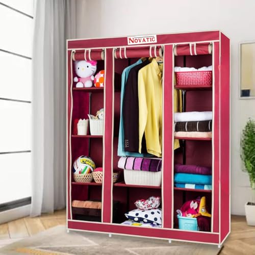 Image of Novatic 3-Door Collapsible Wardrobe | Portable Foldable Clothes Closet with 1 Hanging Space & 10 Storage Shelves | Non-Woven Fabric 100 GSM with Metal Rod Frame | 137 x 44.5 x 165 cm | Maroon