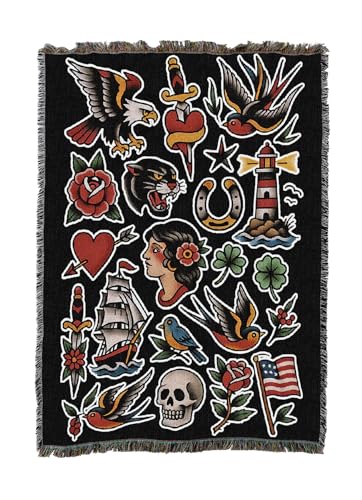 Pure Country Weavers American Traditional Flash - Tattoo Design - Tapestry Throw Blanket Woven from Cotton - Made in The USA (50x60)