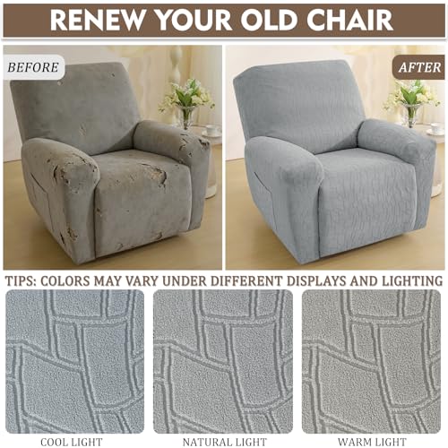 Image of ZNSAYOTX 100% Waterproof Recliner Chair Covers, 3-Piece Stretch Fit Recliner Slipcovers with Buckle & Elastic Band for Lazy Boy, Stay in Place, Soft Plaid Jacquard Protector (Large, Light Grey)