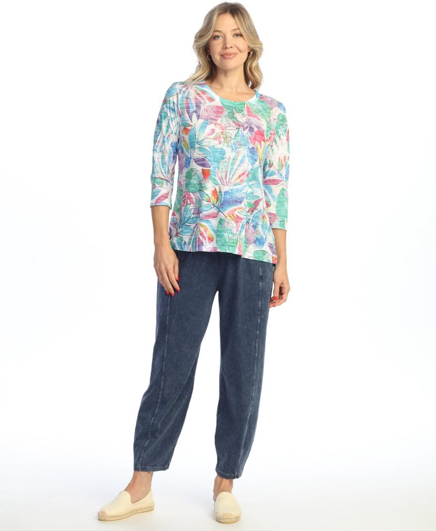 Jess & Jane Abstract Print Crew Neck Side Slit Burnout Top - 44 - Image 2