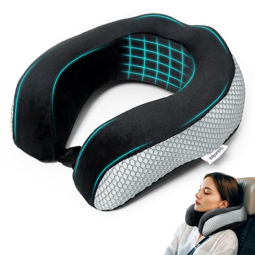 Enerfero Almohada Cervical de Viaje Oficina, avión, Tren o Coche. Almohada de Espuma viscoelástica con cordón Ajustable (Gris, Malla)