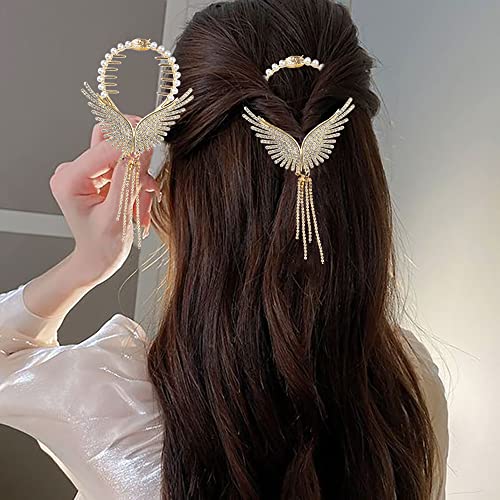 Myhiju Angel Wings Rhinestone Hair Clips,Gold Hair Barrettes Tassel Claw Clips Pearl Hair Styling Accessories Pill Head Hair Accessories High Ponytail Coiled Hair Pins Shiny Hair Accessories For Girls #TOP4