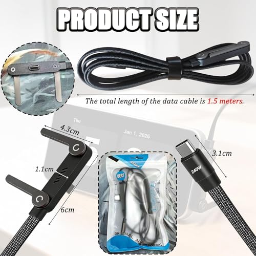 Image of MARSJONE USB C to USB C 240W Fast Charging Cable with Foldable Mobile Stand Holder, Braided Type C PD Cord 4.9 Ft Length for Gaming Desk Office Travel and Home Charging