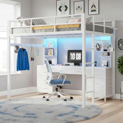 Consejos para Comprar Precio de Literas en Coppel comprados en linea. 46 MYXSRI Litera Matrimonial con Escritorio y Estación de Carga,Cama Alta de Metal con Luces LED, Estructura de Cama con 8 Cajones y 6 Estantes,Barandilla de Seguridad (Blanco,...