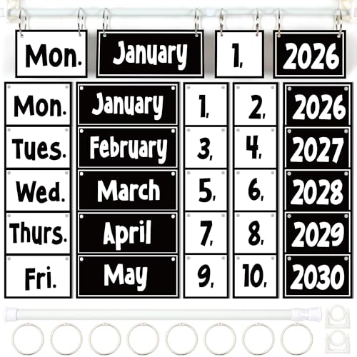 Image of Black White Flip Calendar Bulletin Board Set Black Calendar for Classroom Whiteboard Decor with 2026 to 2030 Years Date Cards and Adjustable Rod for Home Elementary Back to School Teacher Supplies