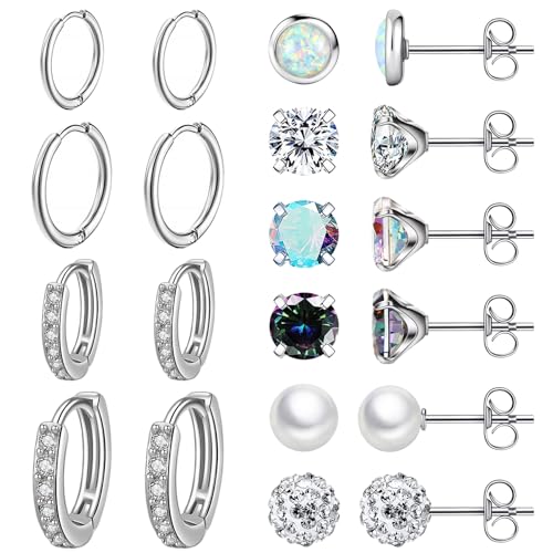 10 Pairs Stainless Steel Stud Earrings Colorful CZ Stud Earrings 20G Stud Earings 8mm 10mm Hoop Earrings Cartilage Earrings For Women Men