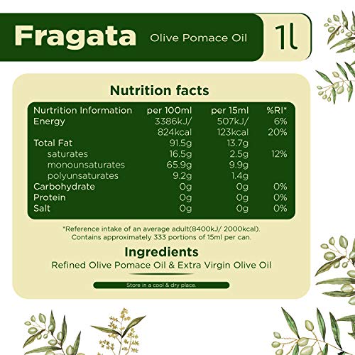 Image of Fragata Pomace Olive Oil 1 Litre All purpose cooking oil for everyday Indian cooking | Ideal for deep frying, roasting, baking (Pack of 3)