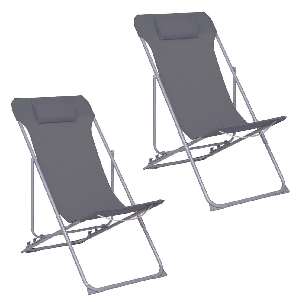 LOLAhome 2 x Folding Garden and Terrace Sun Lounger Chairs with Steel Scissors with Anti-Corrosion Epoxy and Reinforced Textilene Grey