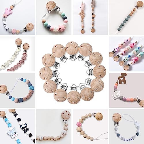 Kigniote 12 Stück Schnullerclip Holz,Baby Schnullerketten Clips Schnuller Clips Verhindert das Fallenlassen oder Verlieren des Schnullers Schnullerketten Zubehör für DIY Schnullerkette Basteln
