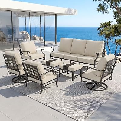 MIXPATIO Patio Furniture Set 7 pcs, Outdoor Patio Furniture, 3-Seat Sofa, 2 Single Chairs, 2 Swivel Chairs, 2 Ottomans and 5.75" Extra Thick Cushion, Patio Conversation Set for Backyard Deck,Beige