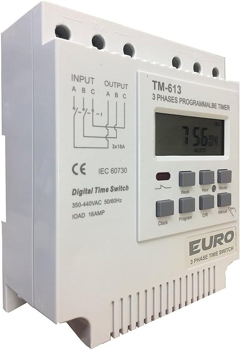 EuroControls TM613-3 phase Digital Timer - 17 on/off Programmable weekly - 16 Amps - 350-440v AC - din rail mount
