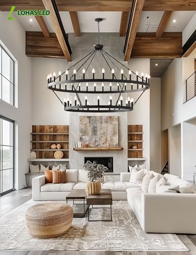 L-LOHAS-LED-Wagon-Wheel-Chandelier-2-Tier-54-Lights-60in-Extra-Large-Black-Farmhouse-Chandelier-Light-Fixture-Round-Rustic-Lighting-for-Living-Room-Dining-Room-Over-Table-Island-Foyer-Entryway L LOHAS LED Wagon Wheel Chandelier 2 Tier 54 Lights 60in Extra Large Black Farmhouse Chandelier Light Fixture Round Rustic Lighting for Living Room Dining Room Over Table Island Foyer Entryway