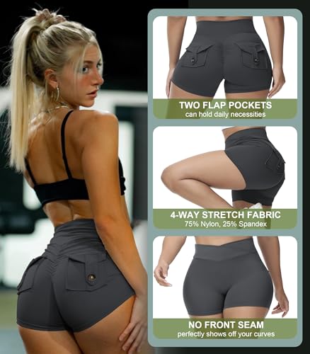 MIHRUSEM Short feminino Scrunch para motociclista com bolsos, cintura alta, academia, treino, ioga,