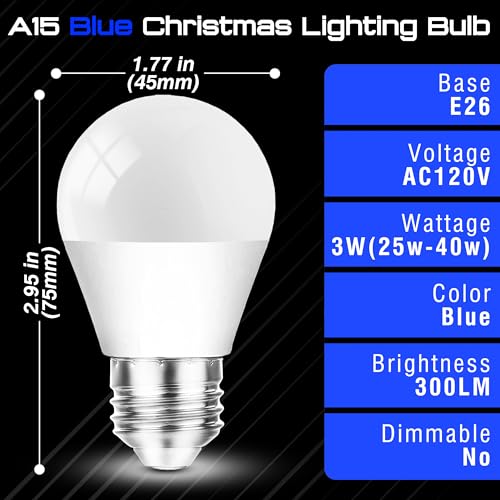 Image of Blue Light Bulb, A15 Blue Christmas Lighting Bulb, 3W 300lm,2 Pack | 25w-40w Equivalent,Blue Colored ED Bulb for Halloween, Party, Holiday Lighting, Home Decoration, Outdoor Porch, Non-Dimmable