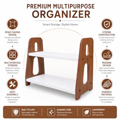 Image of 2 Tier Wooden Spice Rack Organizer for Kitchen Counter | Multipurpose Coffee Station Organizer Shelf | Countertop Storage Rack for Spices, Cups, Jars & Home Decor