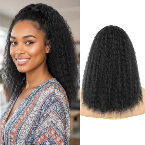 UAmy Hair Kinky Straight Drawstring Ponytail Extension for Black Women 16inch Nautral Black Wavy Yaki Straight Ponytail Synthetic Fake Pony Tail for Daily Use(1B)