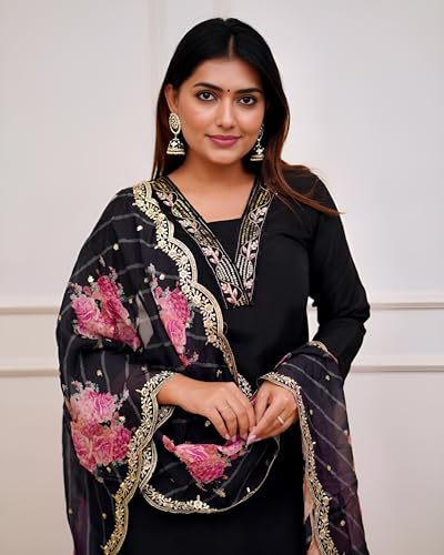 Image of Yashika Women's Print & Embroidered Straight Cotton Blend Stitched Kurta Pant with Dupatta | Kurta Sets for Woman | Kurti Pant Set with Dupatta | Kurta Sets | Kurti for Women