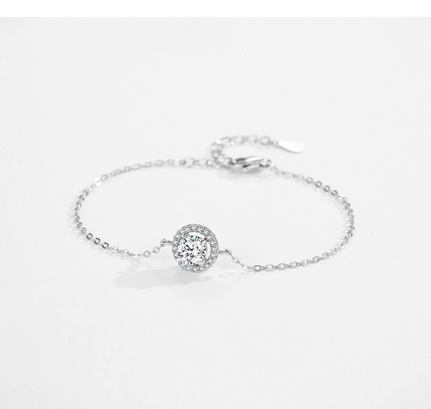 Bracciale Oro Bianco 9 K / 14 K / 18 K 750 per Donna, Catena con Rotondo e Diamante Creato, Regolabile 16 CM + 5 CM, Bracciali Donna Argento