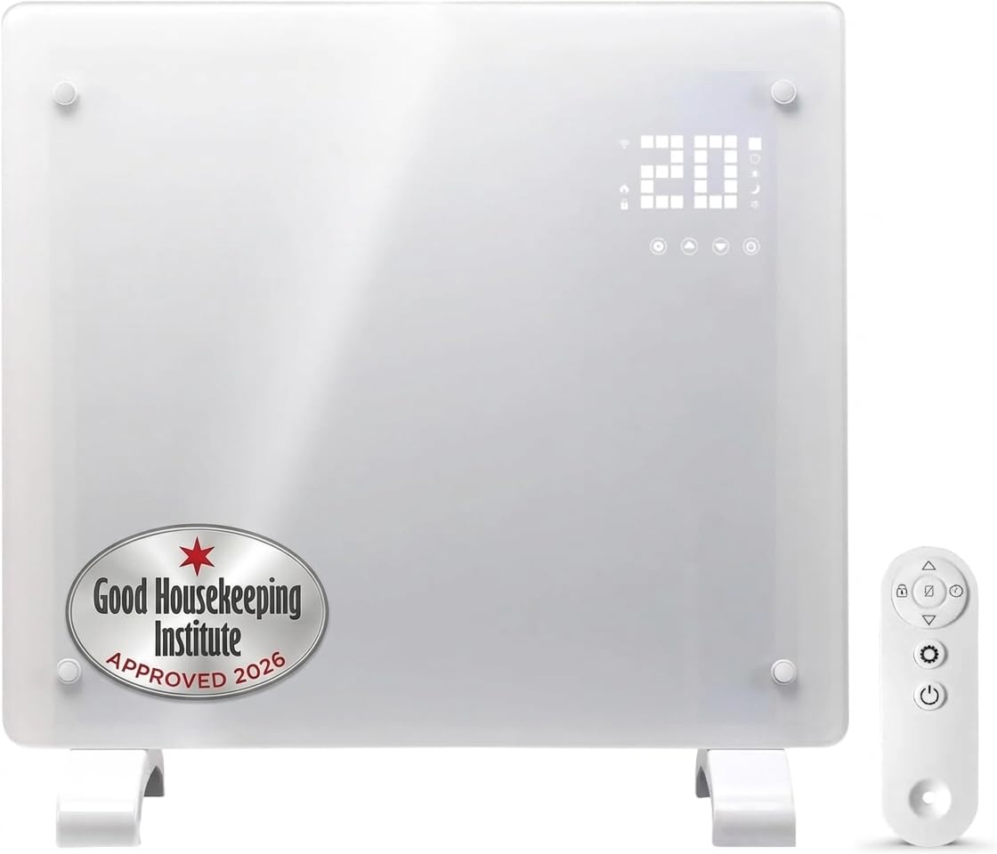 Devola Wifi Enabled Smart Electric Glass Panel Heater 500W | Alexa Heating Control, Open Window Detection, Wall Mounted & Free Standing Low Energy Heaters with Timer | Lot 20, DVPW500WH (White) — image 1