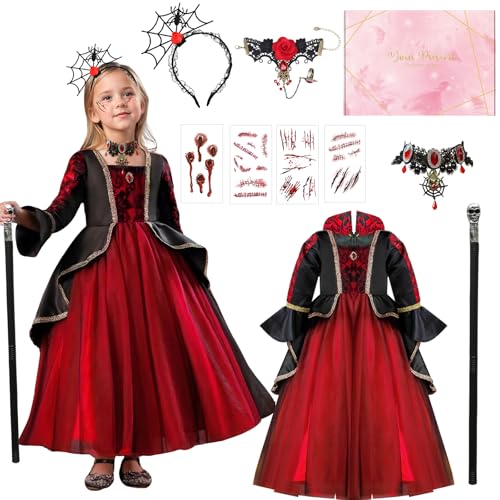 TOLOYE Vampire Costume for Girls Halloween Costume for Kids with Costumes and Vampire Cane Fancy Dress Cosplay Costume for Kids Halloween and Carnival Party