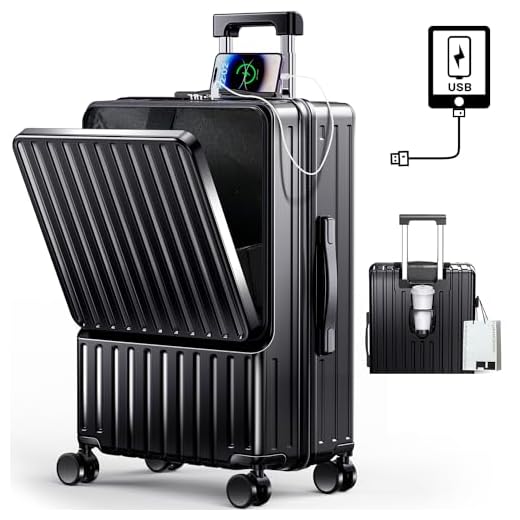 [BARGOHOY] スーツケース フロントオープン 多機能 キャリーケース 軽量 カップホルダー付き 隠しフック機能 キャリーバッグ USBポート付き 耐衝撃 静音 360度回転 TSAローク ファスナータイプ キャリーバッグ 人気 おしゃれ 旅行 ビジネス 出張 修学 泊まる 入院 (ブラック, Sサイズ機内持込OK /42L(1～3泊))