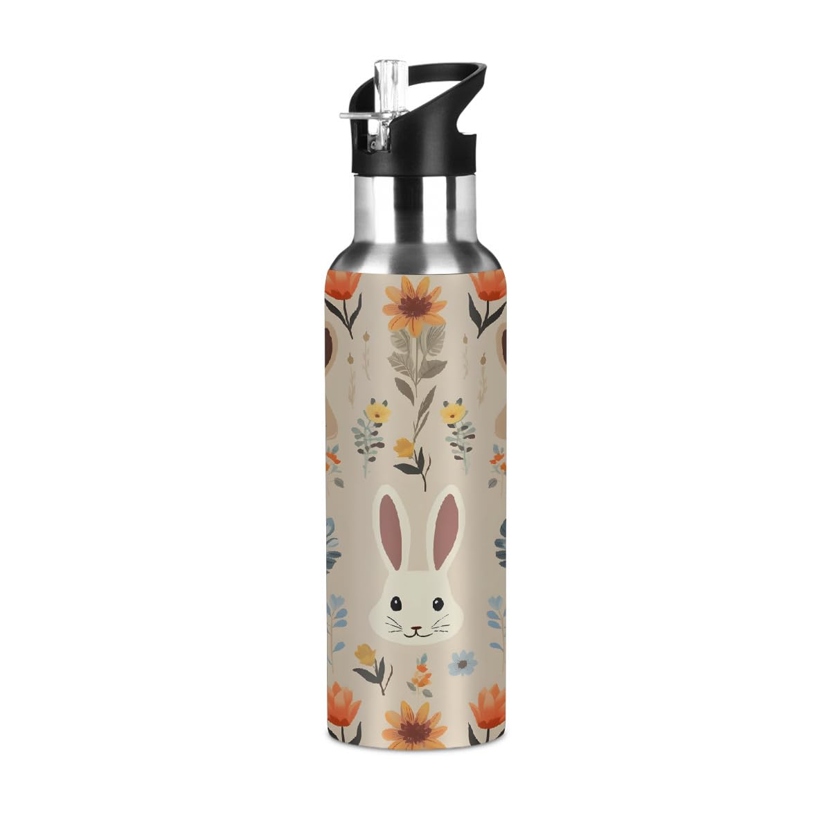 Mexpekil 20oz Thermal Flask, Cute Rabbits Floral Stainless Steel Insulated Water Bottle with Straw, Leakproof Sports Bottle for Gym, Travel, Workouts