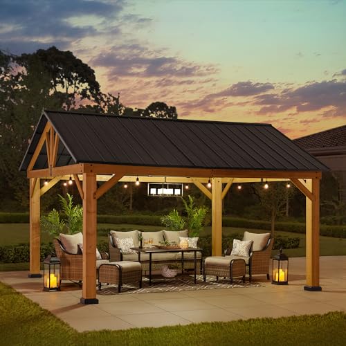 Sunjoy-Wood-Gazebo-13-x-15-ft-Outdoor-Patio-Premium-Cedar-Frame-Gazebos-with-Matte-Black-Steel-Gable-Hardtop-Roof-for-Garden-Backyard-Shade-Black-Roof-Natural-Wood-Frame Sunjoy Wood Gazebo 13 x 15 ft Outdoor Patio Premium Cedar Frame Gazebos with Matte Black Steel Gable Hardtop Roof for Garden Backyard Shade Black Roof Natural Wood Frame