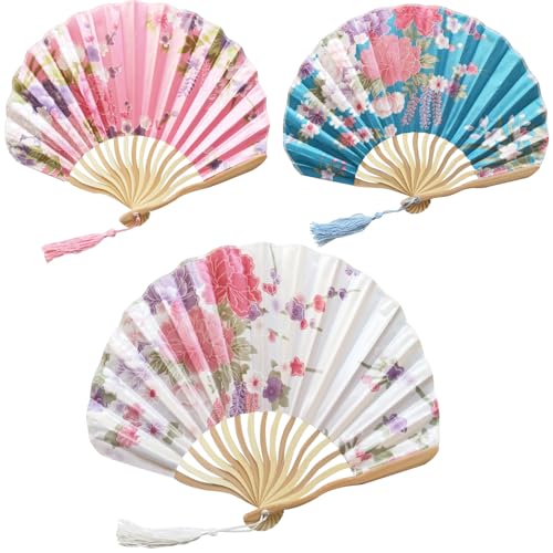 FOSDICK 3 PCS Eventail Mariage Eventail Japonais Chinois Pliant Ventilateur Bois Tissus Poche Éventails Pliants en...