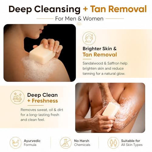 Image of Skin Brightening & Tan Removal Soap | Ayurvedic Bath Soap for Men & Women | Sandalwood, Saffron, Aloe Vera & Goat Milk | Helps Reduce Dark Spots & Uneven Skin Tone | Face & Body | Pack of 4 x 100g (400g)