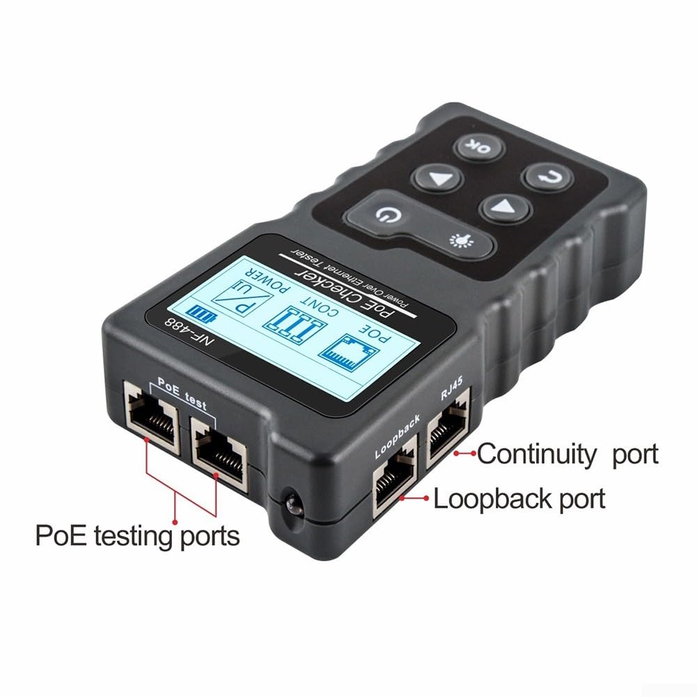 Testeur de câble réseau pour un usage domestique et professionnel avec analyse Poe pour fils Ethernet Cat5e Cat6 Cat6a Gris Design compact avec lumière LED et écran LCD Pochette de transport incluse