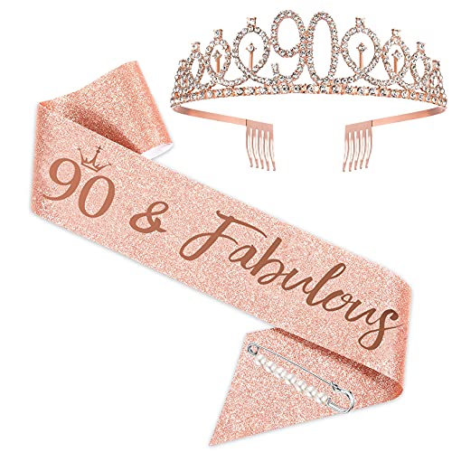 SZHUIHER Juego de banda y tiara de cumpleaños número 90 para mujer, oro rosa, banda de 62 pulgadas, tiara, pin de perla, decoración para tartas, todas las edades, juego de accesorios de cumpleaños
