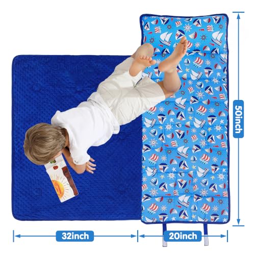 Image of Viviland Toddler Kid Nap Mat for Preschool, Boys Blue Bottomed Sailboat Slumber Bag, Daycare Sleeping Bag with Pillow and Blanket, Kindergarten Sleep Mat