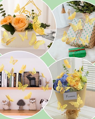 Image of 72Pcs 3D Butterfly Wall Decor, Gold Butterfly Fathers Day Decorations, 4 Styles 3 Sizes Removable Butterflies Room Decor Butterflies Wall Stickers for Birthday Party Tea Cake Flower Decorations