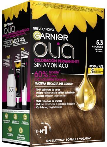 Garnier Olia coloración permanente sin amoniaco para un olor agradable con aceites florales de origen natural - Capuccino 5.3, El embalaje puede variar