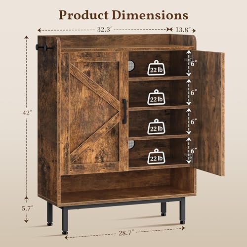 Image of Yaheetech Shoe Storage Cabinet with Doors, Farmhouse Shoe Cabinet with 2 Adjustable Shelves and 4 Side Hooks, Wooden Shoe Rack Organizer Cabinet for Entryway, Foyer, Hallway, Rustic Brown