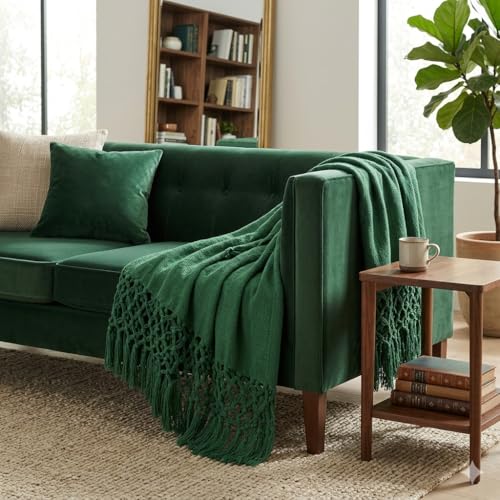 Image of HAKAM Cotton Throw Blanket with Macrame Tassels for 3 Seater Sofa | Ideal for Your Home, Living Room, Sofa, Bed, Chair, Picnic & Used for Gift - 50X70 inch (Dark Green, Small Single)