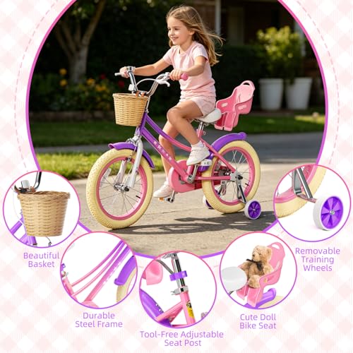 Image of Glaf Girls Bike Bicycle for 2-12 Years Old 12 14 16 20 inch Kids Toddler Bike with Training Wheels and Basket,Doll Seat, Kids Bike Bicycle for Gift