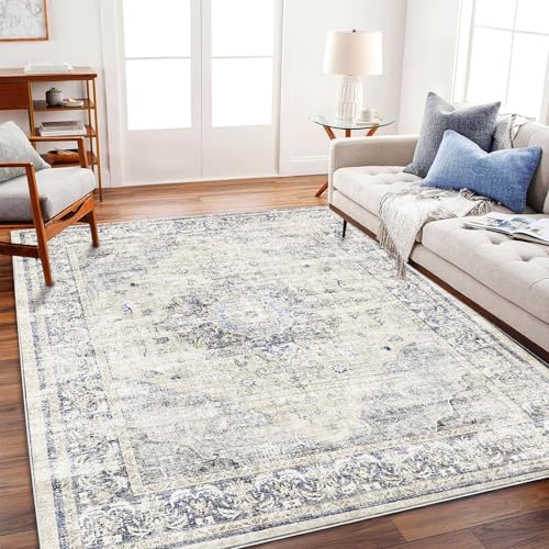 Area Rug 6'x9' Washable Floral Blue Vintage Traditional Floor Cover Thin Retro Kitchen Indoor Distressed Non Slip Carpet for Living Room Bedroom Dining Room