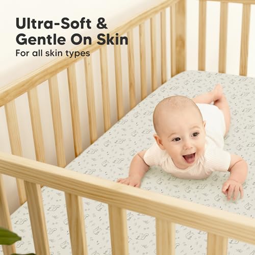 Image of 2-Pack Waterproof Baby Crib Sheets for Boys, Girls, 52x28 (Pine Grove) | Viscose Derived from Bamboo Toddler Bed Sheet Neutral, Fitted Crib Mattress Protector Cover for Baby Bedding, Soft & Gentle