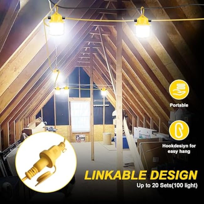 50FT Led String Work Light 75W 7500LM Waterproof Construction String Lights Linkable Temporary Work Lighting Outdoor Indoor Worklight (5 Light)