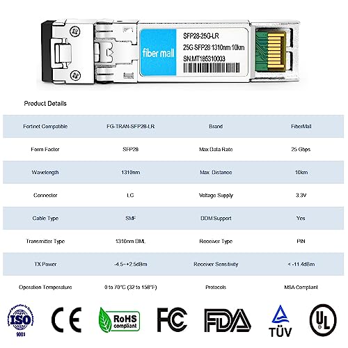 Image of 25G SFP28 LR for Compatible with Fortinet FG-TRAN-SFP28-LR 25GBASE-LR SFP28 1310nm 10km DOM LC SMF Optical Transceiver Module