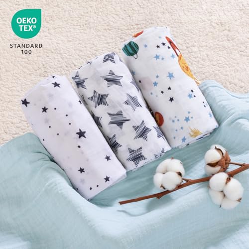 Image of david's kids 4 Pack Baby Muslin Swaddle Blankets, 100% Cotton and Ultra Soft Breathable Receiving Blanket Wrap for Boys Girls, New Born Essentials, Large 47 x 47 inches, Space&Stars