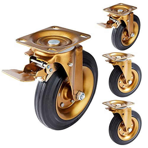 Ganggend 8 Inch Casters Set of 4, Heavy Duty Plate Casters Swivel Industrial Rubber Wheels, 2 with Locking Brakes, for Cart Furniture Workbench Locking Outdoor Dolly Casters Load Capacity 3000lbs
