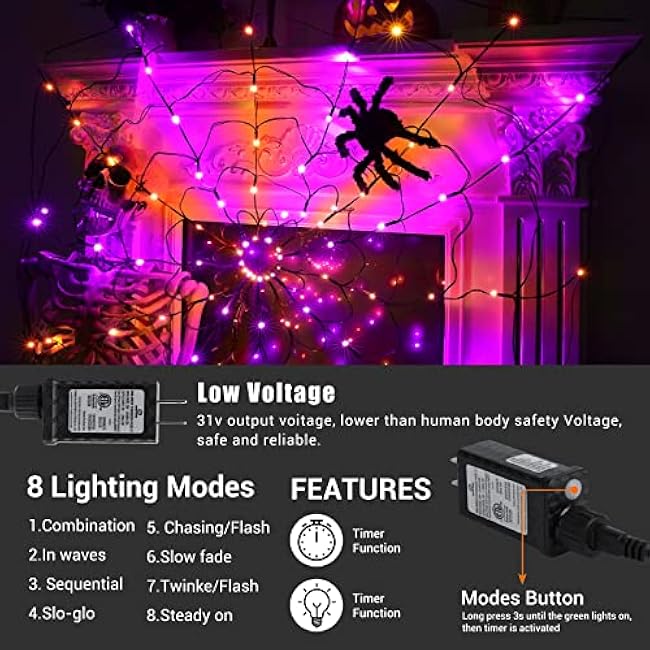 Lomotech Spider Web Lights with Black Spider, 4.26FT Diameter 84 LED Orange Purple Web Lights with 8 Modes, Waterproof with Timer Plugin for Halloween Decorations